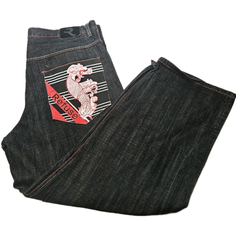 Vintage Y2K Refuse Dragon Embroidered Black Denim Jeans Men's Size 44x32 Cotton